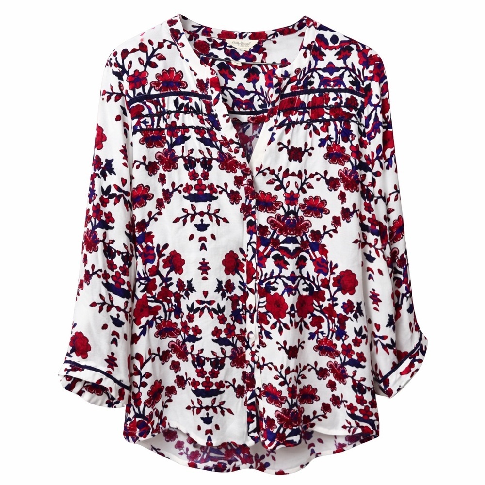 Lucky Brand Floral Print Peasant Women's Top - Red and Blue